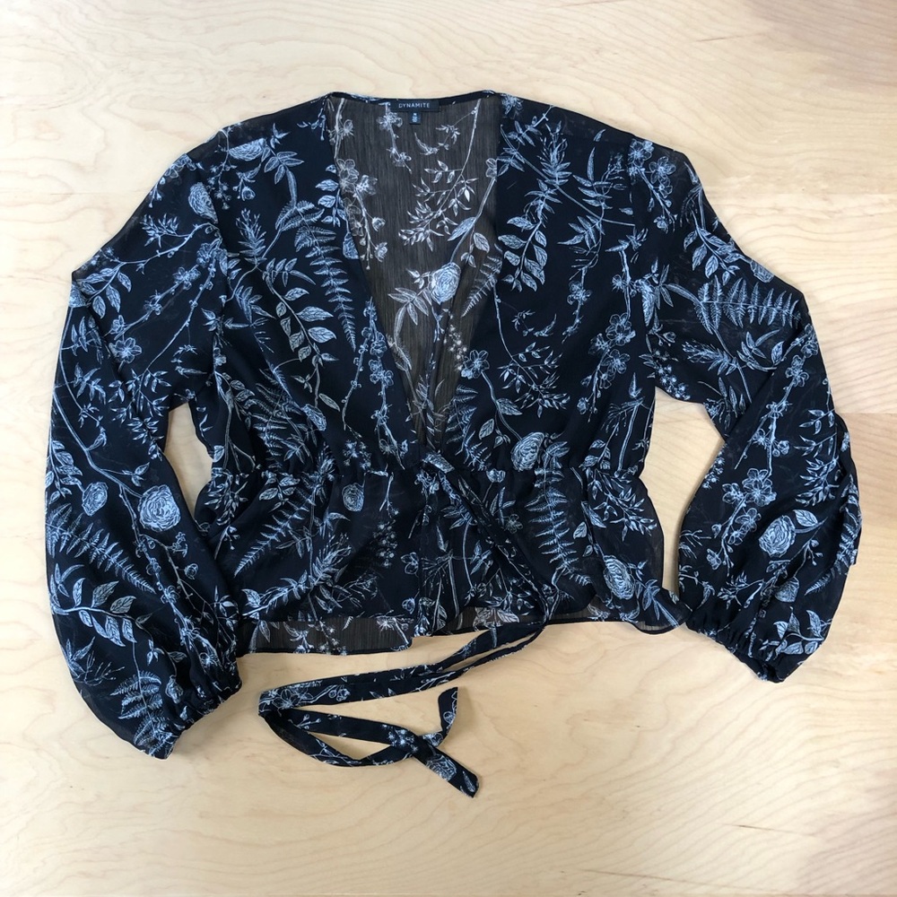 Dynamite Medium Black and White Sheer Floral Blouse Wrap Style